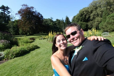 Jarod and Jenny in formalwear attending Jenny’s father’s wedding in the UK