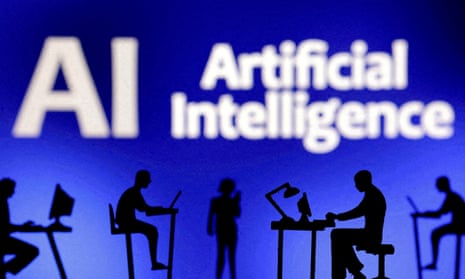 Figurines with computers and smartphones in front of the words artificial intelligence AI