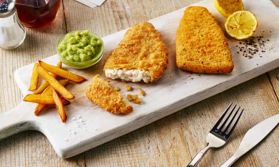 Fishless fillets, chips and mushy peas – a vegan spin on a British classic.