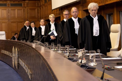 Judges arrive to hear South Africa’s arguments to the international court of justice in The Hague on Thursday.