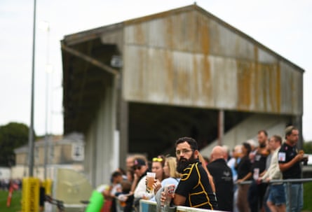 Fans of Cornish Pirates look on ahead of the Pre-season friendly match between Cornish Pirates and Exeter Chiefs at Mennaye Field on September 02, 2022 in Penzance, England.