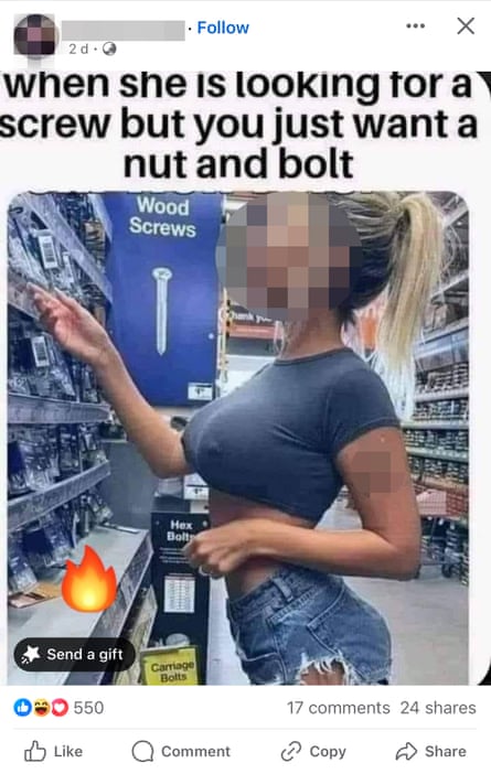 A meme of a woman in a tight shirt at the wood screws section of a hardware store with text overlaid that reads: when she is looking for a screw but you just want a nut and bolt’
