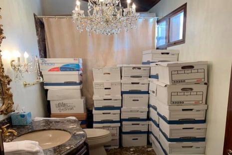 This image, contained in the indictment against Donald Trump in 2023, showed boxes of records stored in a bathroom at Trump’s Mar-a-Lago club in Palm Beach, Florida.