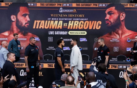 Moses Itauma and Filip Hrgovic face-off during a pre-fight press conference.