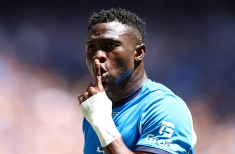 Sidibeh celebrates after scoring a goal that was later disallowed following a VAR review.