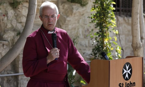 Justin Welby holds a press conference at the St John eye hospital compound in the Christian quarter of Jerusalem’s Old City.