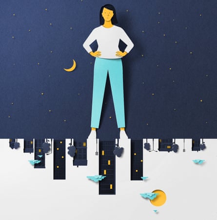 illustration of woman standing over cutouts of sleeping town