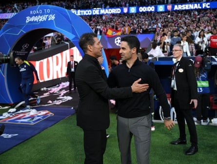 Diego Simeone greets Mikel Arteta prior to the first leg of their clubs’ Champions League semi-final first leg