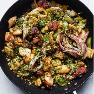 Nigel Slater’s squid with chorizo and picada.