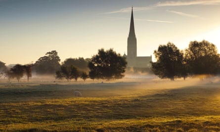Salisbury Cathedral on a misty autumn morning