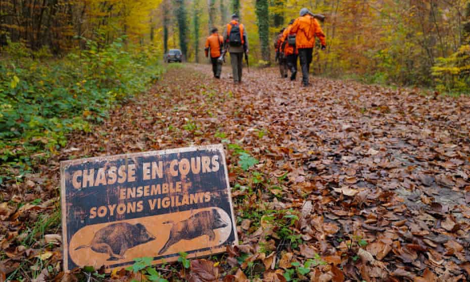 Wild boar hunters walk past a sign reading ‘hunt in progress, let's be careful together’ near Hirsingue, in the Alsace, France
