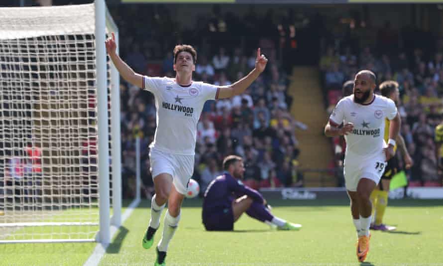 Christian Nørgaard opens the scoring for Brentford in the first half.