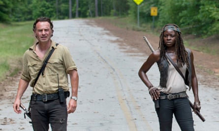 Lincoln as Rick Grimes with Danai Gurira as Michonne in episode one of the new series of The Walking Dead.