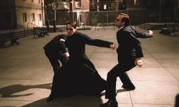 Keanu Reeves and Hugo Weaving in The Matrix Reloaded.