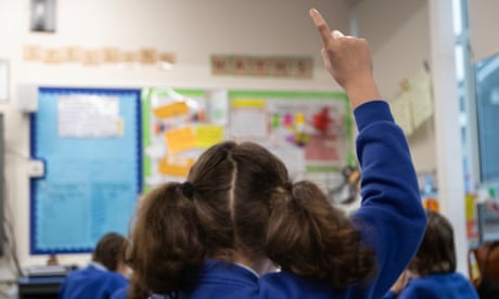 Primary school pupil with hand raised