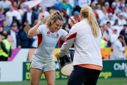 Ellie Kildunne celebrates by playing the drums after England’s victory in the Women’s Rugby World Cup 2025 semi-final match against France.