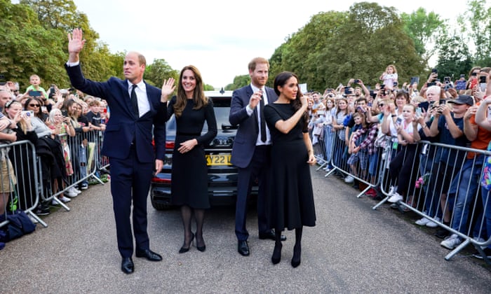 The Prince and Princess of Wales accompanied by The Duke And Duchess Of Sussex leave after meeting well-wishers at Windsor Castle.