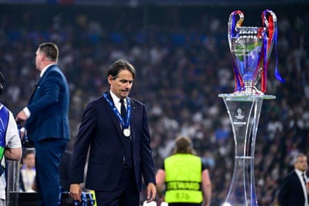 Inter coach Simone Inzaghi looks dejected after their Uefa Champions League final loss to PSG