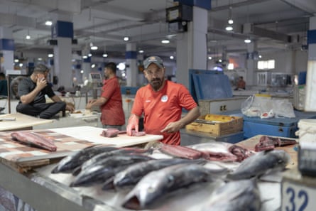 Sadat behind counter with several whole fish displayed