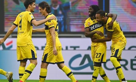 Gervinho (second right) celebrates after giving Parma the lead at Inter.