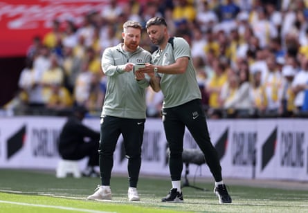 Calum McFarlane and Harry Hudson, who worked together at the Kinetic Foundation, on the touchline at Wembley during Chelsea’s FA Cup semi-final win over Leeds