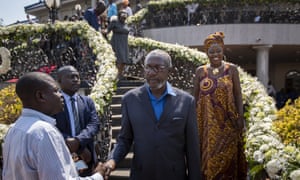 Leo Mugabe, centre, Robert Mugabe’s nephew and the family’s spokesman, at the late Zimbabwe president’s official residence in Harare.