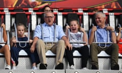 Scott Morrison with daughters Lily, left, and Abbey, right, and the deputy PM, Michael McCormack, at the Royal Easter Show at Olympic Park