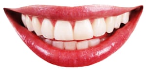 Cutout of a smiling mouth with red lipstick and very white teeth