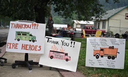 Signs thanking firefighters are seen in Quincy, California, at the Dixie Fire, in Quincy, California on 27 July, 2021.