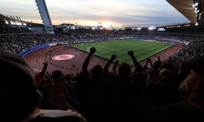 Fans cheer inside the stadium prior to the Real Madrid v Eintracht Frankfurt UEFA Super Cup final 2022 at Helsinki Olympic Stadium.