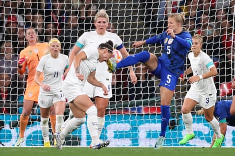 England are awarded a penalty after Hailie Mace catches Lucy Bronze in the face.
