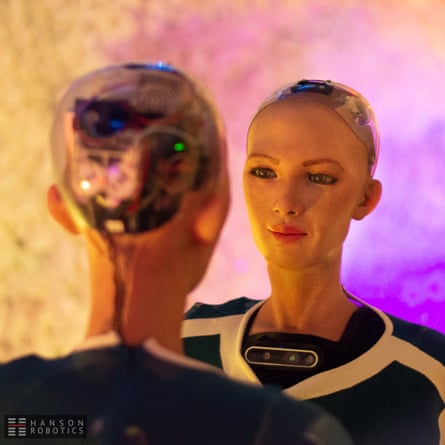 Back of the head shot of Sophia the humanoid robot