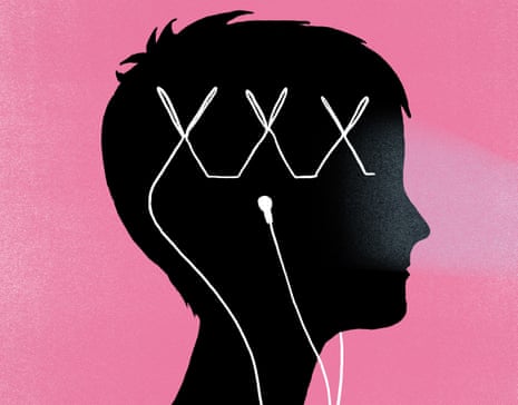 Illustration of teenager's head in black against pink background with white earphones in and white crosses in head