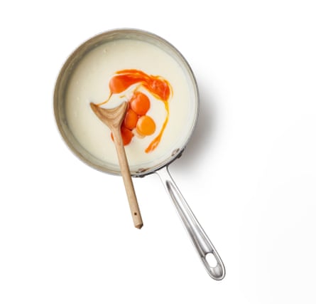 Make the custard – egg-yolk stage.