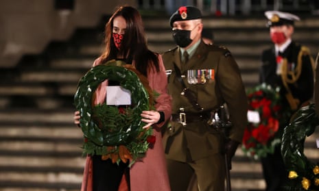 New Zealand prime minister Jacinda Ardern lays a wreath to commemorate Anzac Day during the dawn service at Auckland War Memorial Museum.