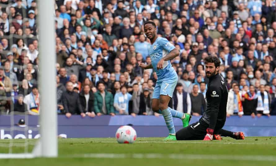 Raheem Sterling scores past Allison at 2-2 but VAR showed he was offside when played through.