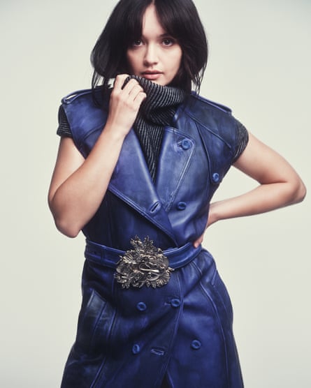 ‘I’m always trying to escape the last thing I’ve done’: Olivia Cooke wears blue leather dress and rollneck by acnestudios.com.