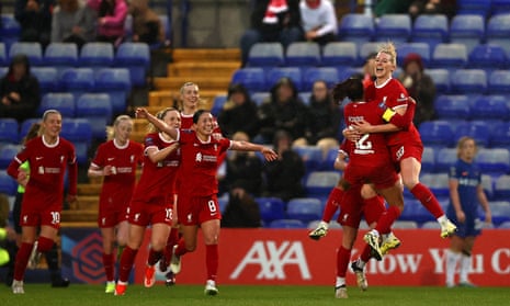 Gemma Bonner (right) celebrates with teammates after her header is turned into her own net by Chelsea’s Erin Cuthbert for Liverpool's second goal during the Barclays Wome’s Super League match.