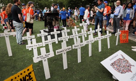 A memorial of white crosses erected for the children killed at school in Uvalde, Texas.