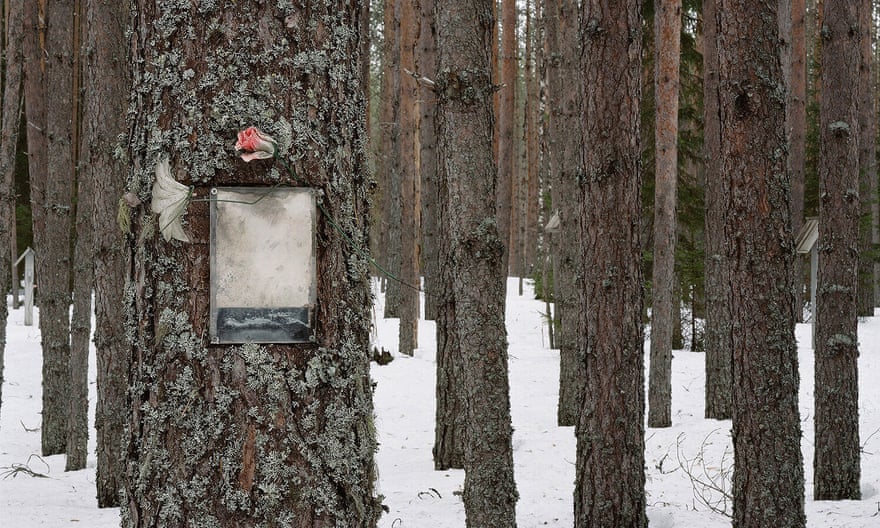 A memorial pinned to a tree at the woodland site in Sandormokh.