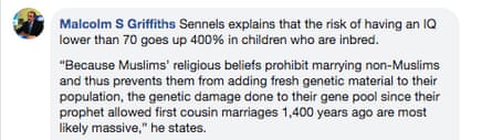 A Facebook post by Malcolm Griffiths on the “genetic damage” done to Muslims.