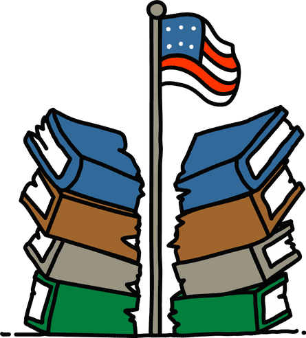 A flagpole with a United States flag splits a pile of books.