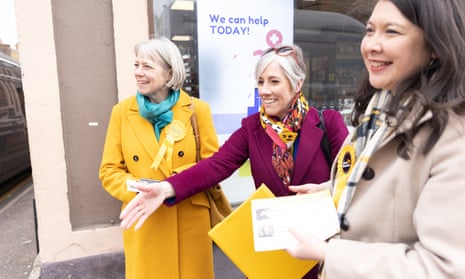 Councillor Sally Symington, Daisy Cooper, MP for St Albans, and Victoria Collins, candidate for South West Hertfordshire, on the campaign trail in Berkhamsted.
