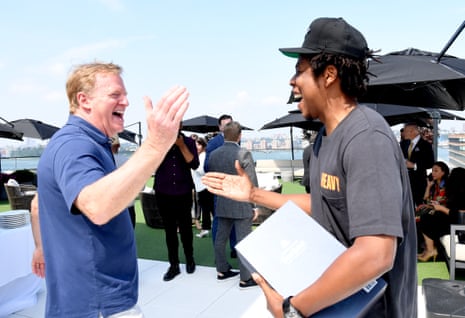 NFL commissioner Roger Goodell and Jay-Z greet each other at the announcement of NFL and Roc NationâÂÂs agreement in 2019