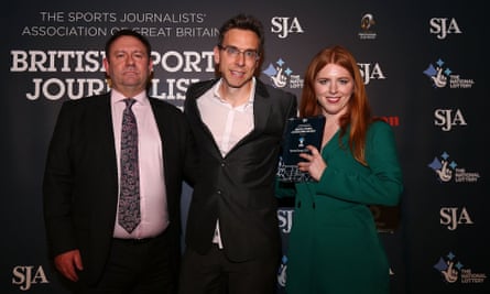 Sean Ingle and Martha Kelner are presented with the sports scoop of the year award by Paul McCarthy (left), former sports editor of News of the World.