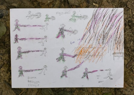 Manzur Ali’s drawing is seen at a Codec and Unicef child-friendly space. The picture depicts a violent scene he witnessed while fleeing his village