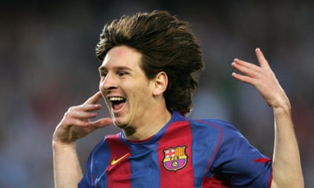 Lionel Messi celebrates scoring for Barcelona in April 2005.