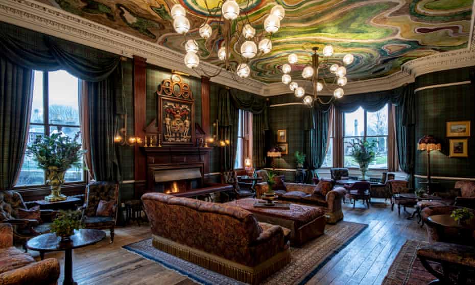 The drawing room at the Fife Arms, with frescoed ceiling by Chinese artist Zhang Enli, inspired by Scottish agates.