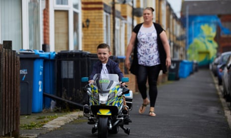 Gipsyville the ward in Hull with the highest Covid-19 infection rate where one in four children are absent from school due to a rapid rise in coronavirus cases. Alfie Field riding his new electric police with his mum Gemma as he celebrates his 4th birthday.