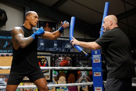 Fabio Wardley, the British professional heavyweight boxer, with his trainer Robert Hodgins during a training session at the Grange Fitness and Performance Centre, Martlesham.